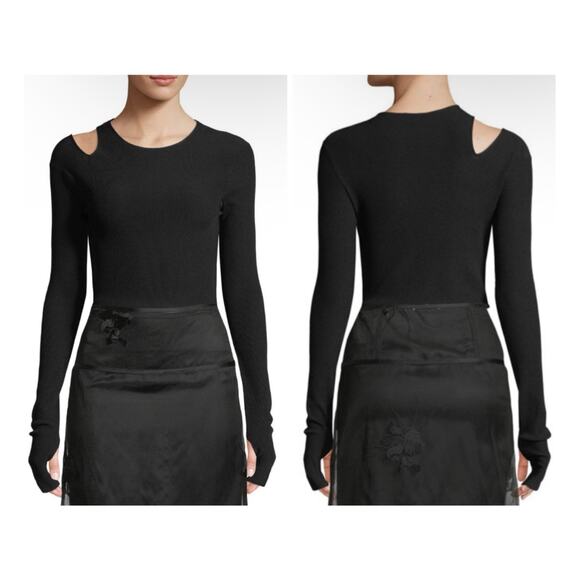Helmut Lang Slash Asymmetric Cut Out Ribbed Knit Cropped Long Sleeve Tee Small - Picture 1 of 11